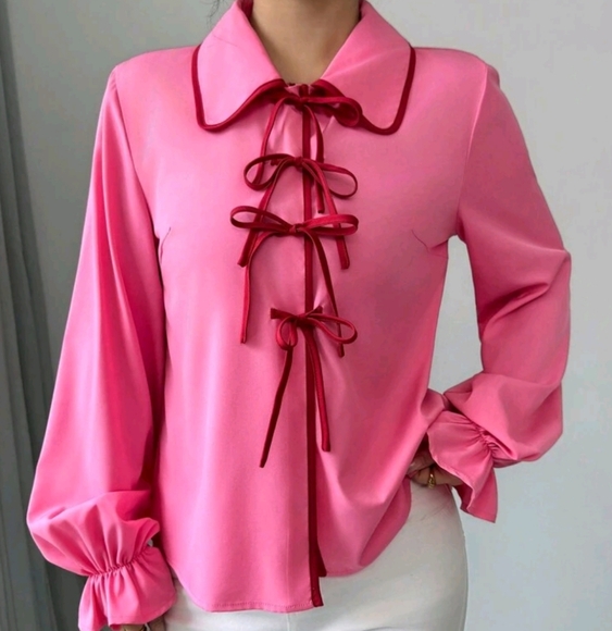 Pink Ruffle Cuff Bow Tie Blouse - Picture 4 of 4